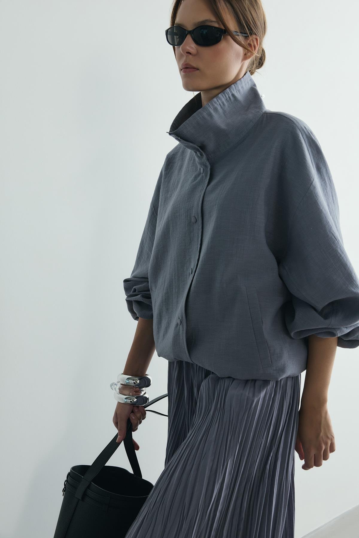 Gri İnez Dökümlü Bomber Ceket