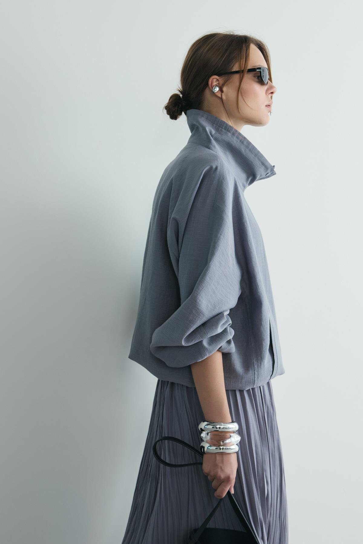 Gri İnez Dökümlü Bomber Ceket