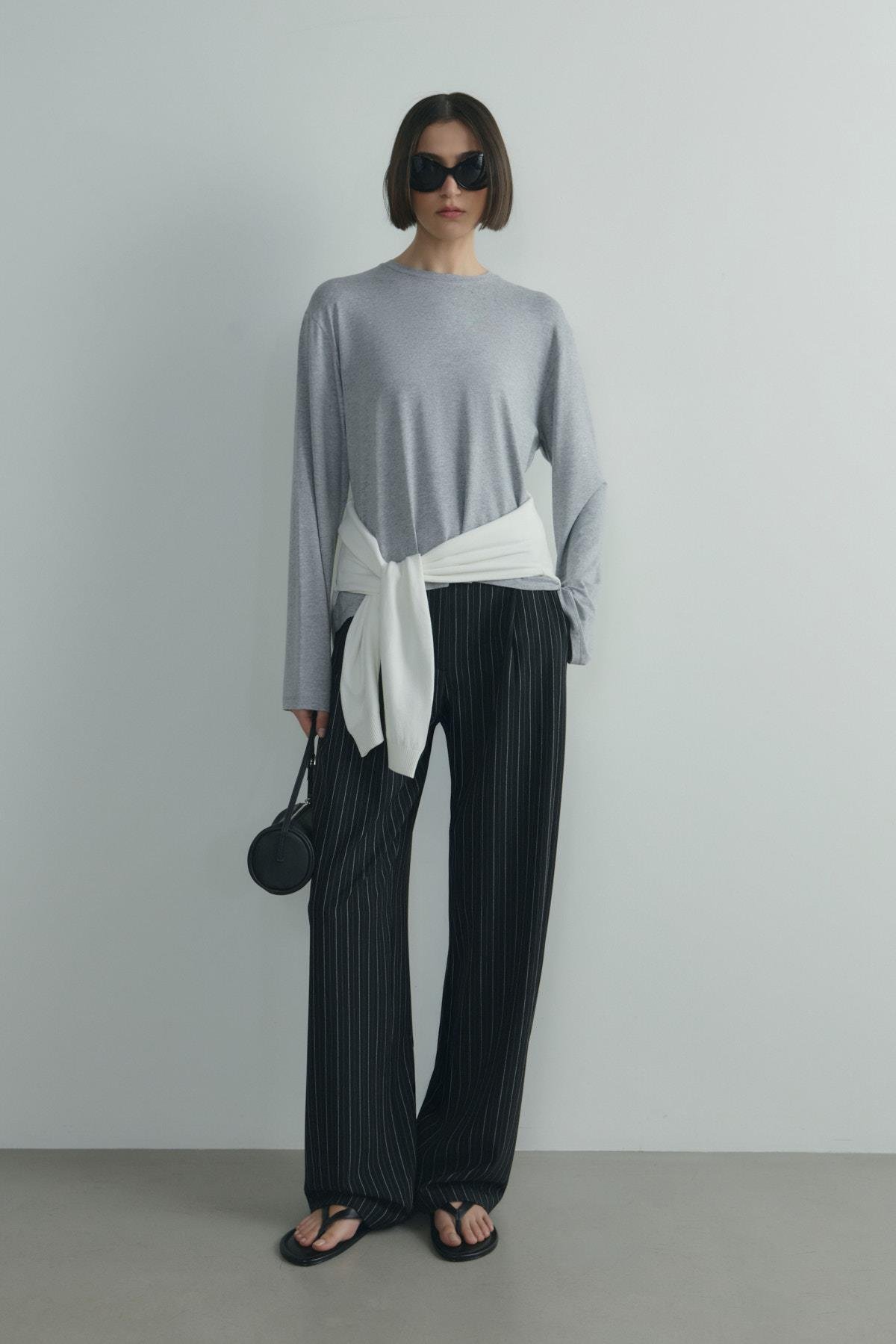 Gri Nara Uzun Kollu Basic Tişört