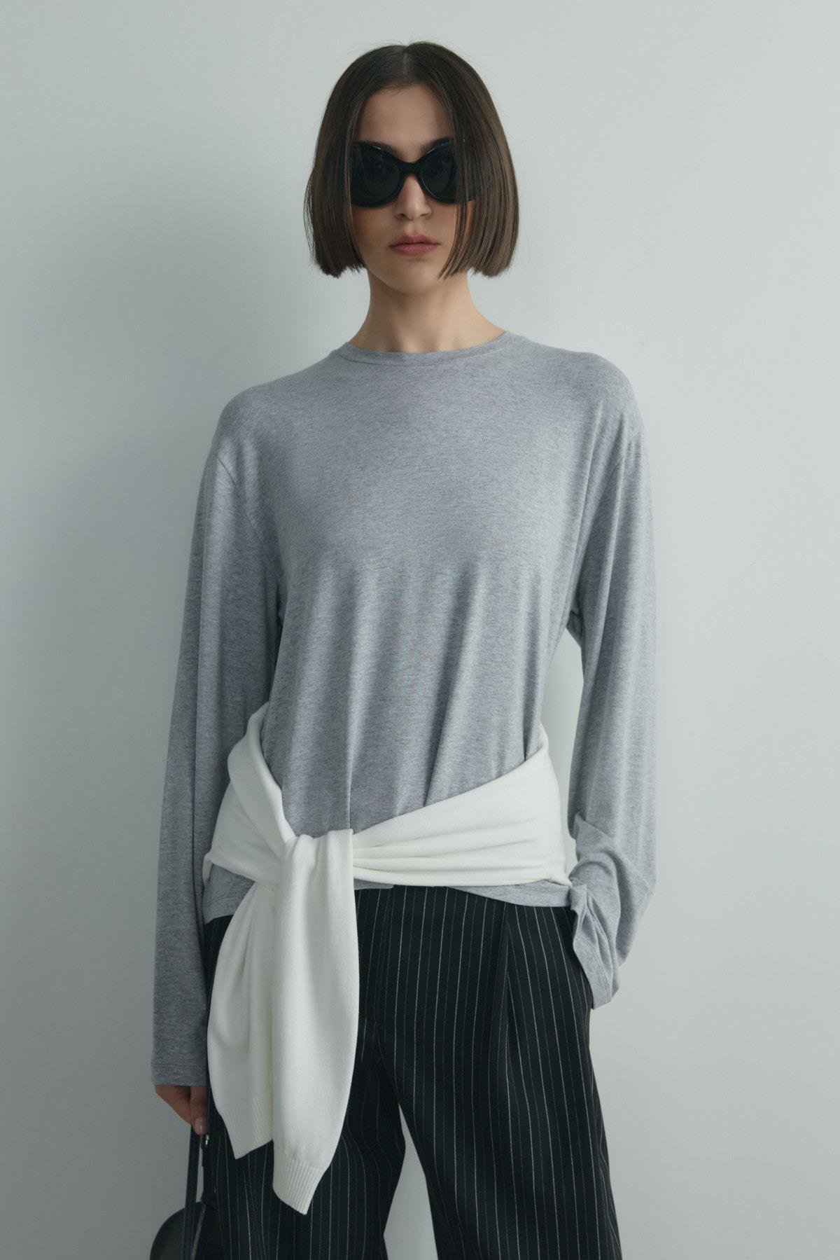 Gri Nara Uzun Kollu Basic Tişört