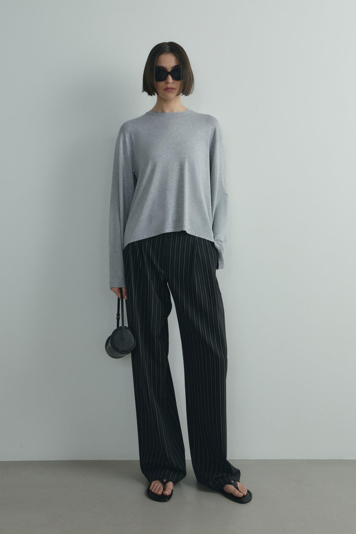 Gri Nara Uzun Kollu Basic Tişört