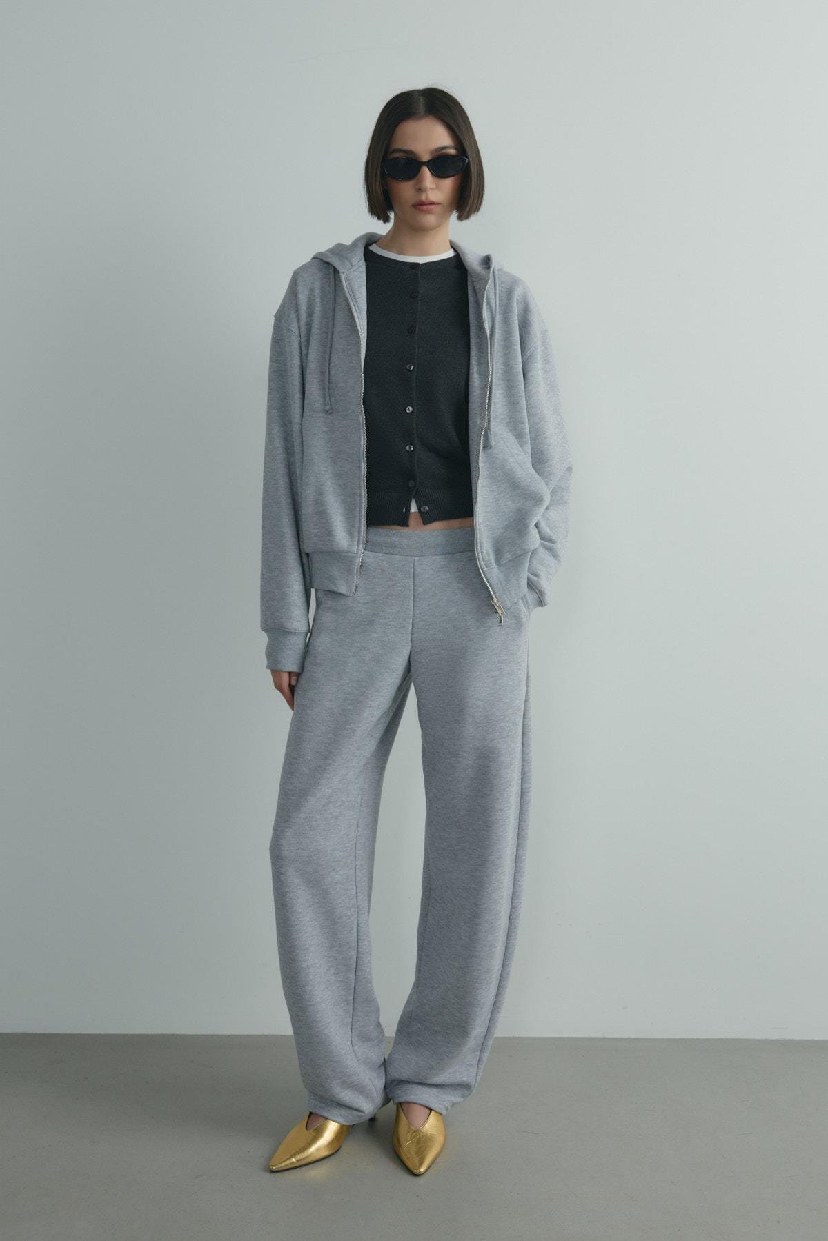 Gri Salted Oversize Fermuarlı Hırka