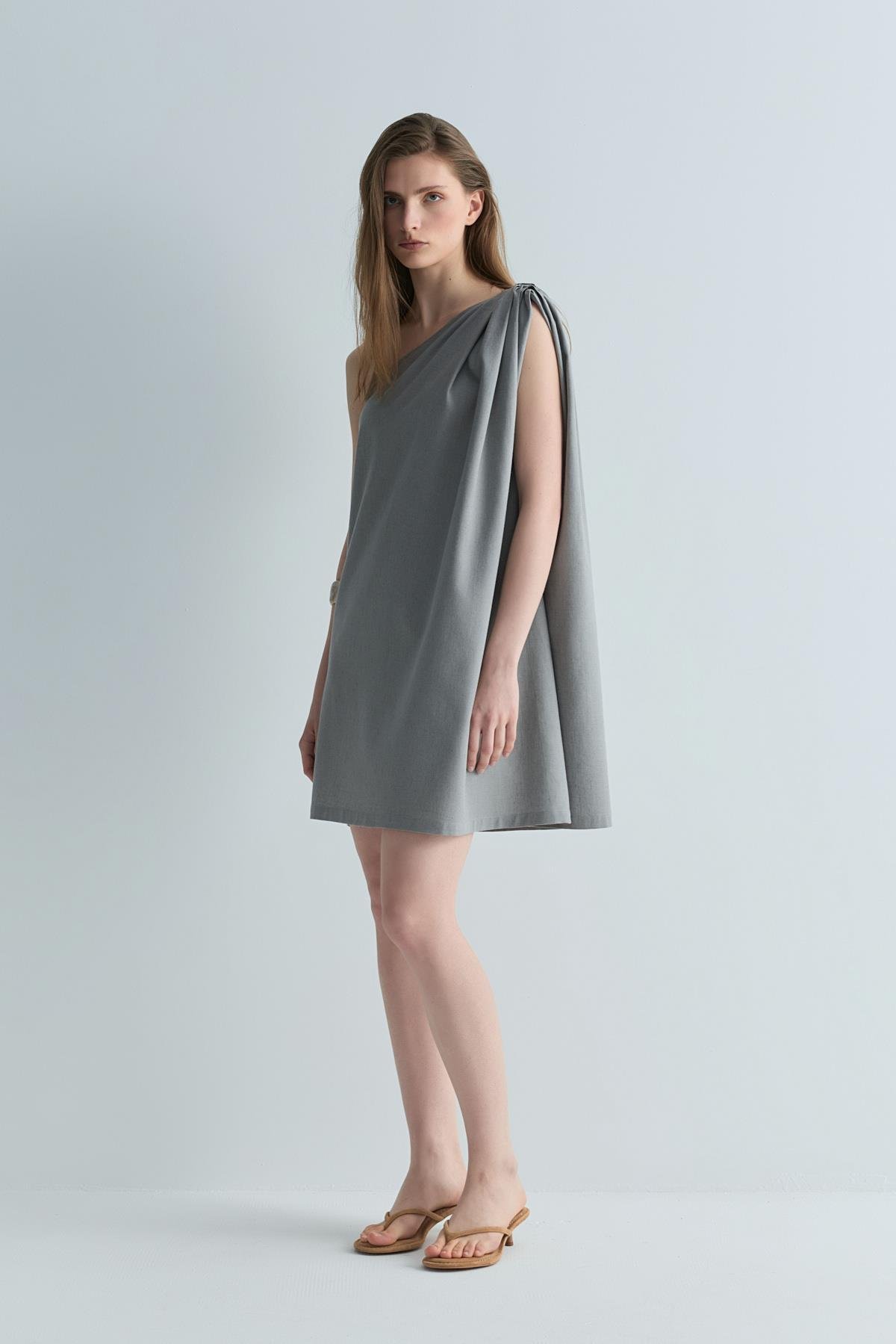 Gri Zayden Tek Omuzlu Elbise