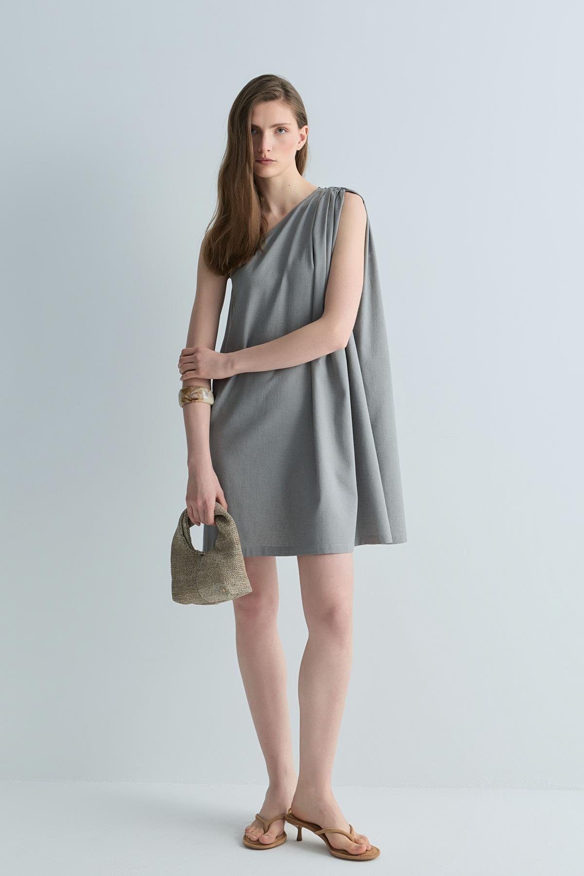 Gri Zayden Tek Omuzlu Elbise