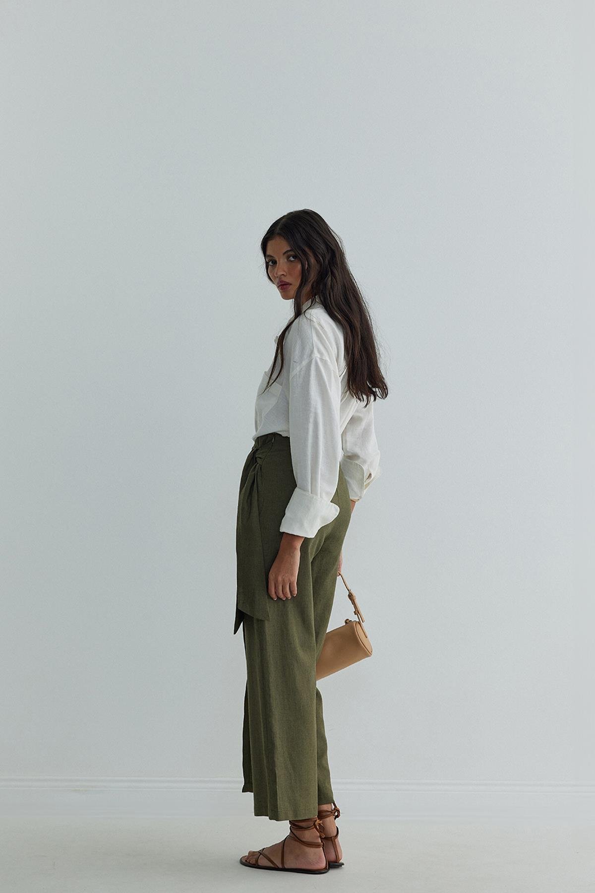 Haki Alia Keten Anvelop Pantolon