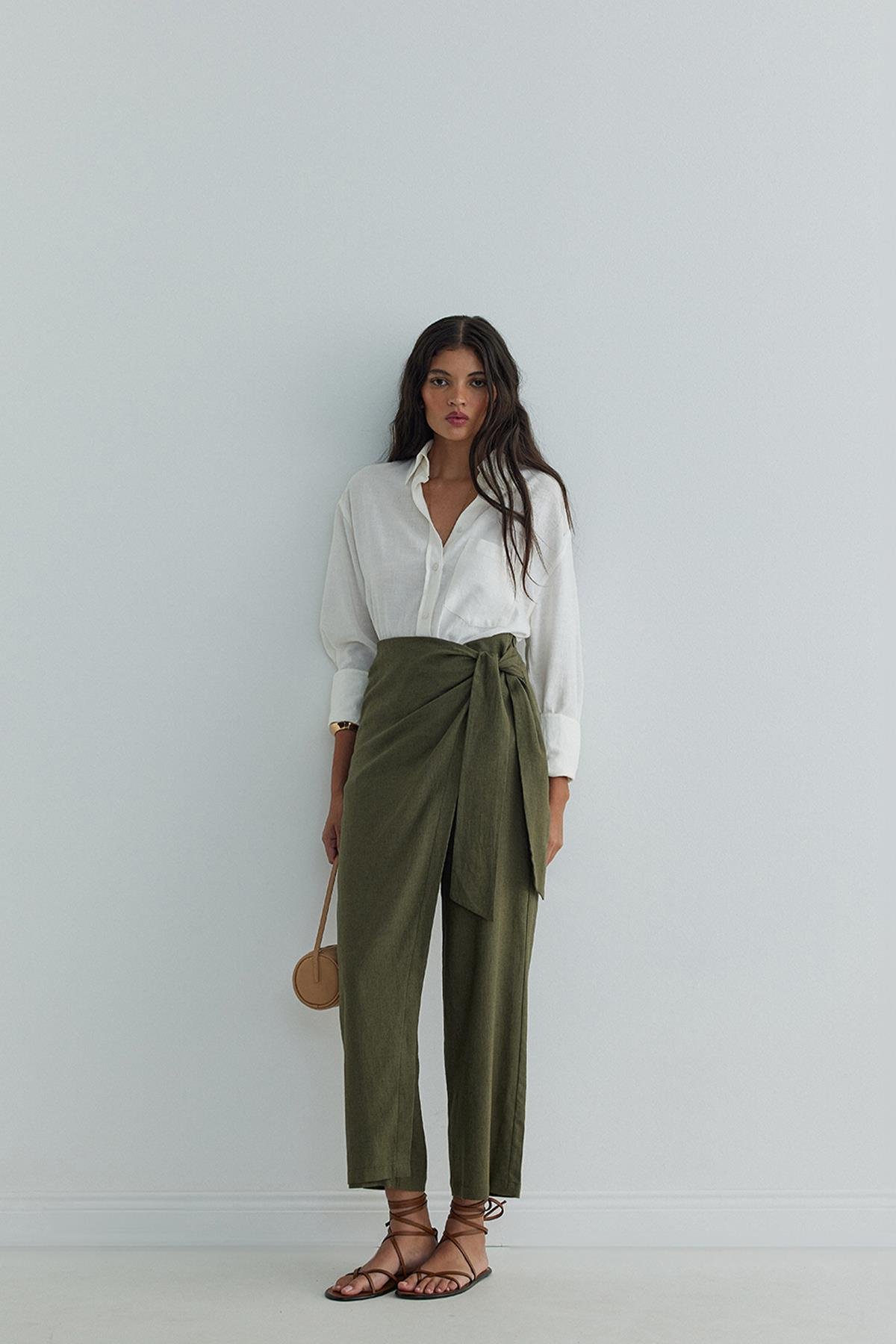 Haki Alia Keten Anvelop Pantolon