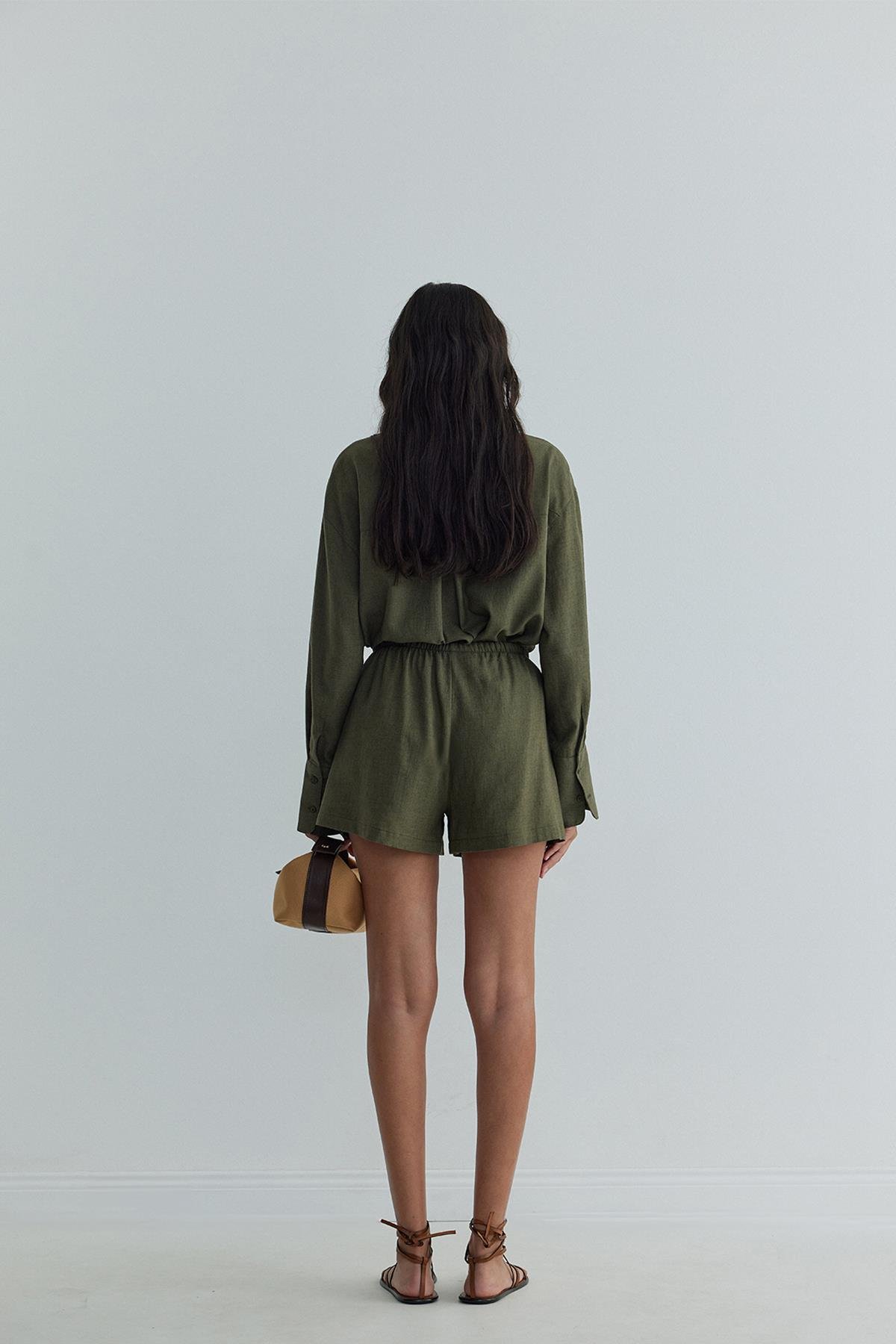 Haki Barley Lastikli Keten Şort