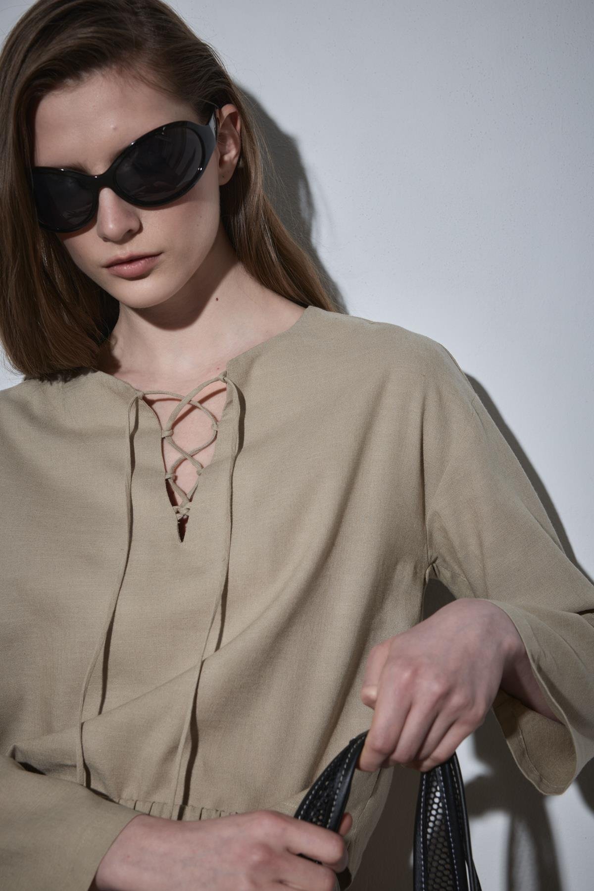 Ihlamur Yeşili Zoe Bağlamalı Keten Bluz