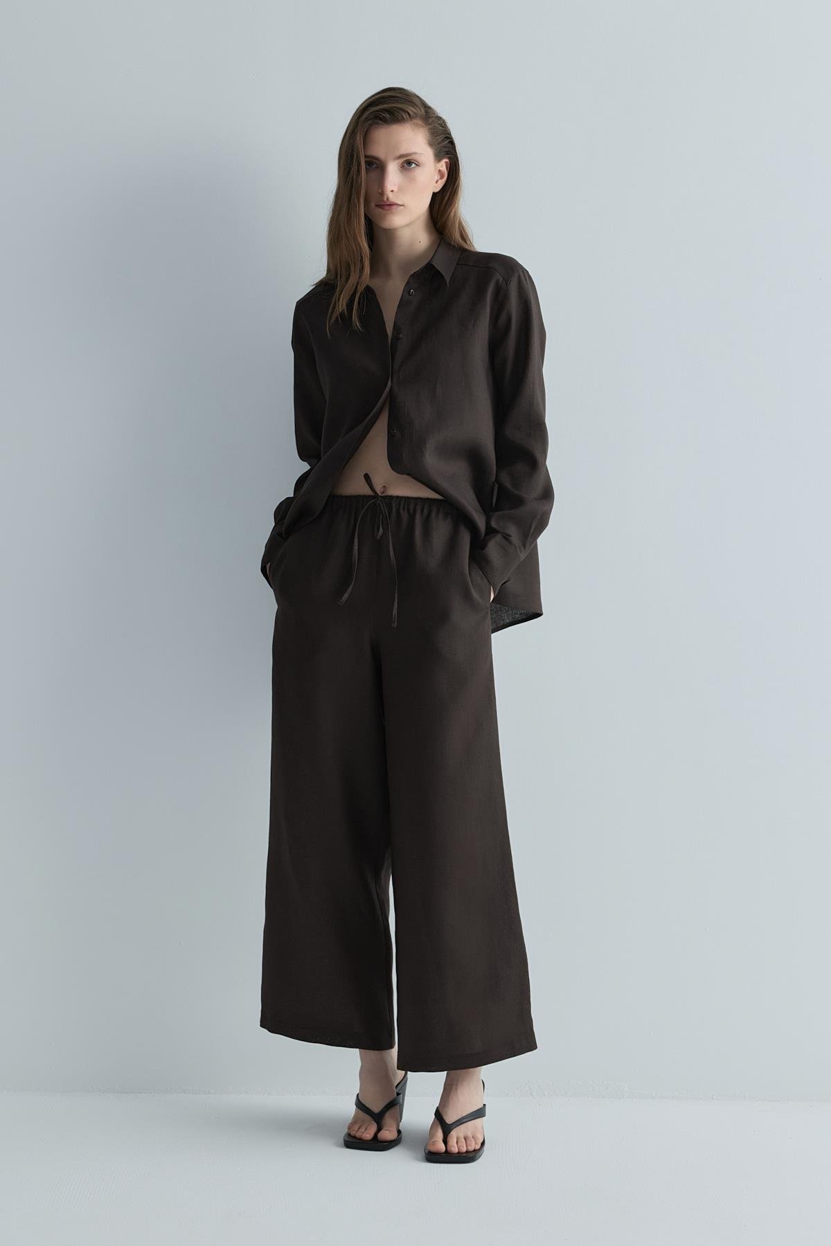 Kahverengi %100 Keten Eleni Culotte Pantolon