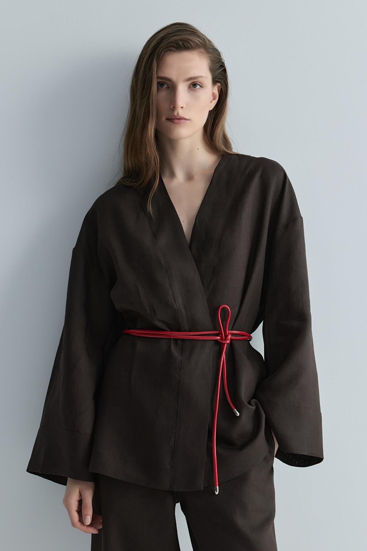 Kahverengi %100 Keten Eleni Kimono