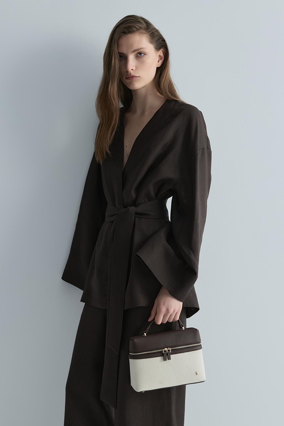 Kahverengi %100 Keten Eleni Kimono