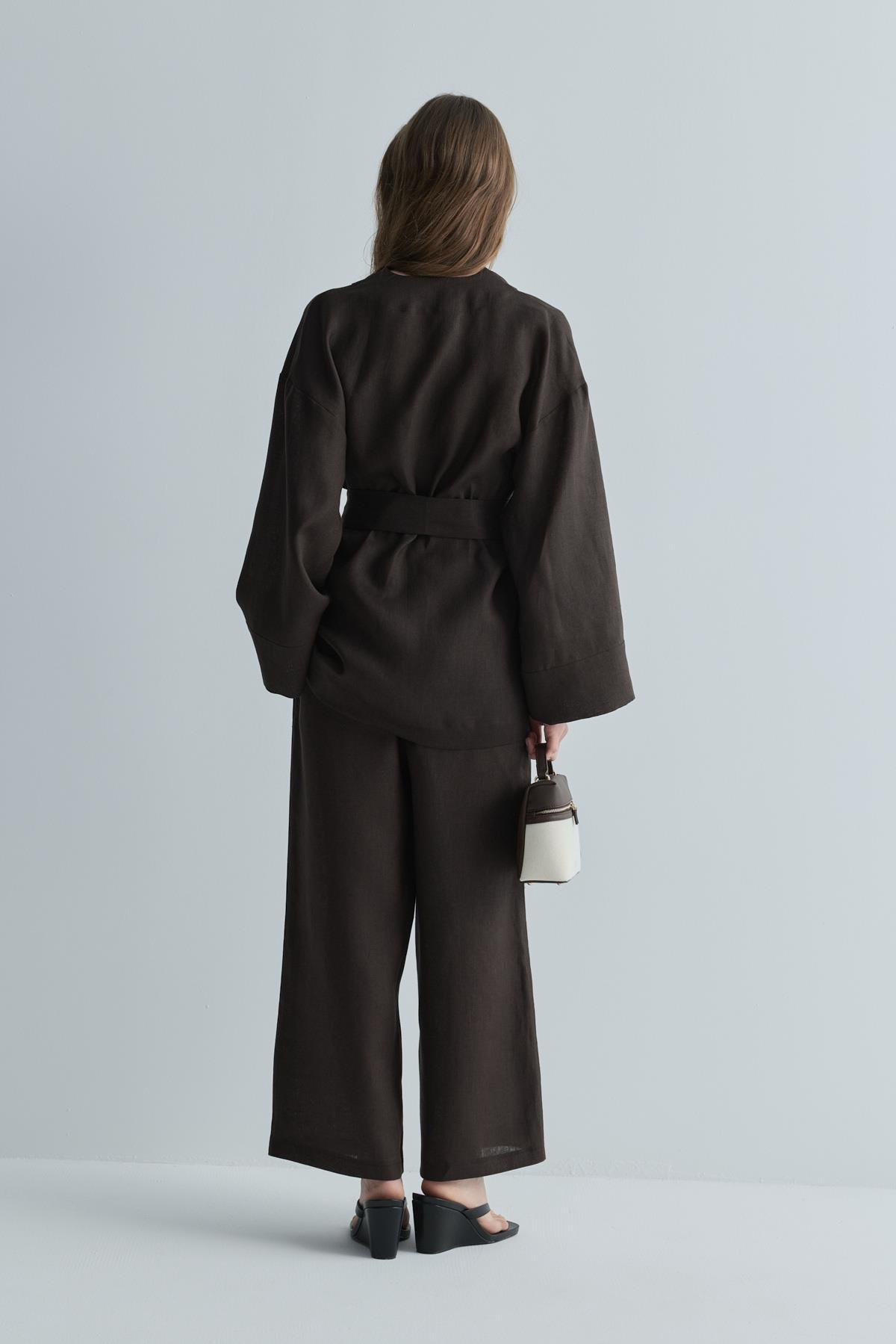 Kahverengi %100 Keten Eleni Kimono