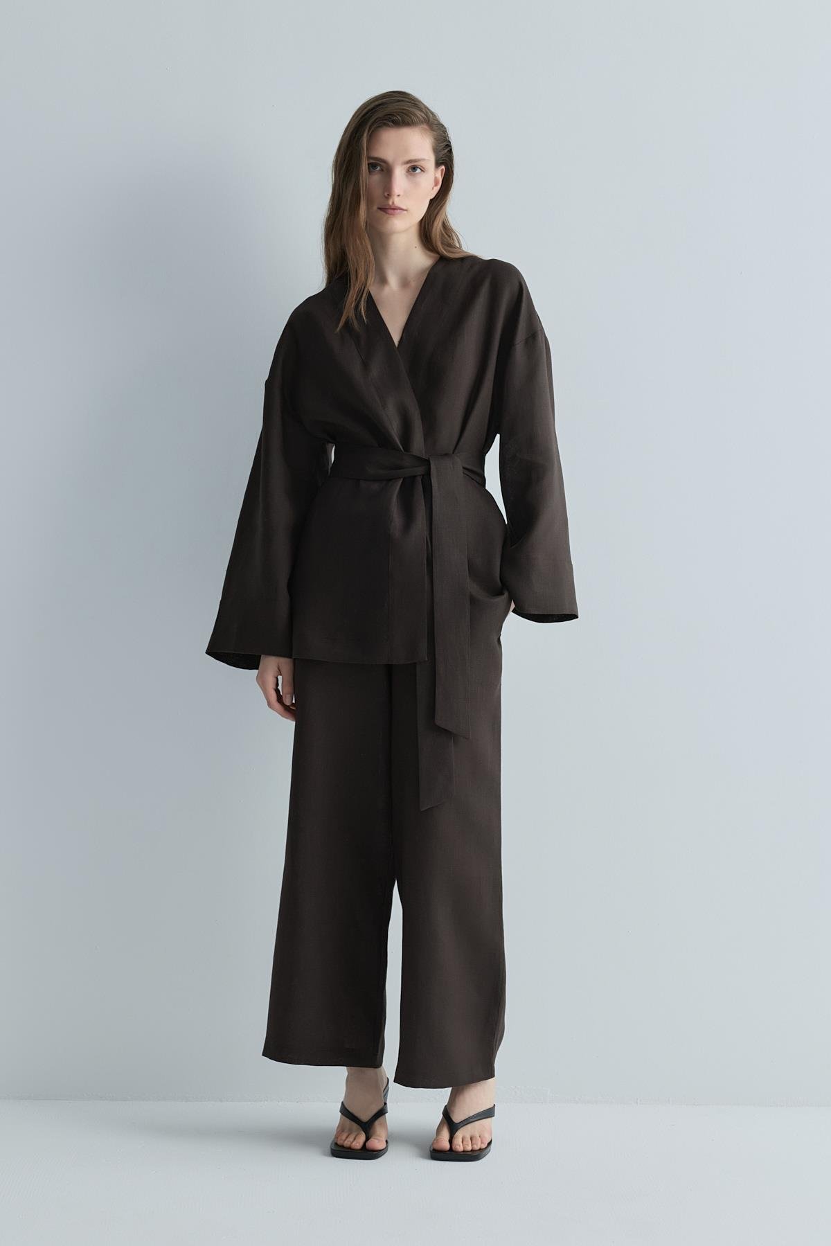 Kahverengi %100 Keten Eleni Kimono