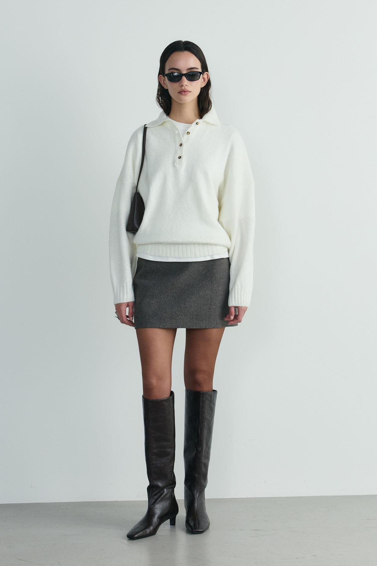 Kahverengi Blair Kemerli Kaşe Mini Etek