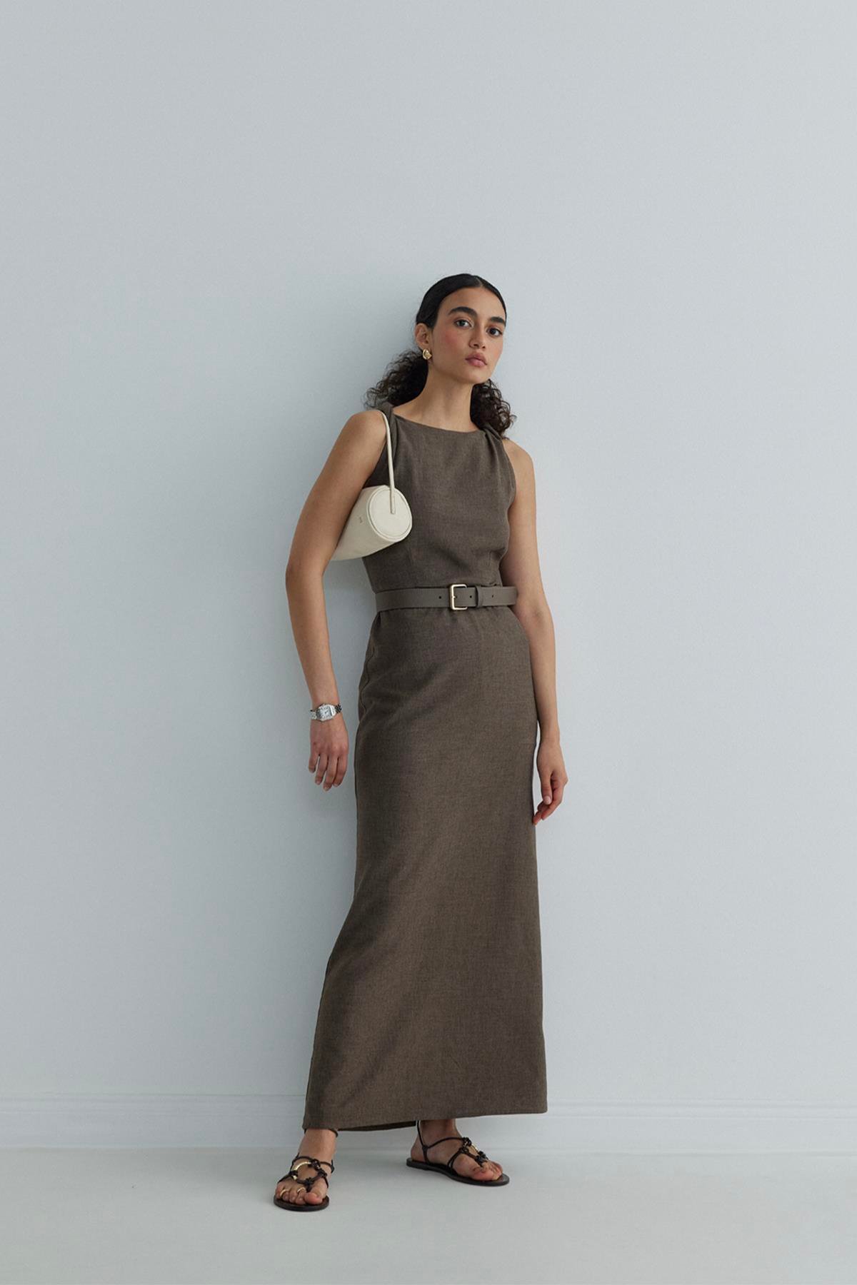 Kahverengi Breeze Omuzu Düğümlü Elbise