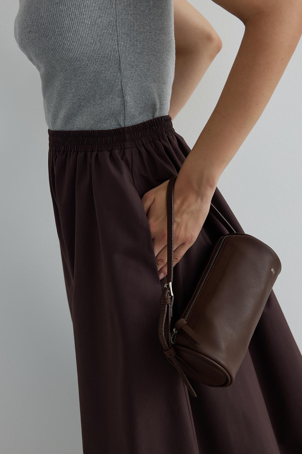 Kahverengi Day Poplin Kloş Etek