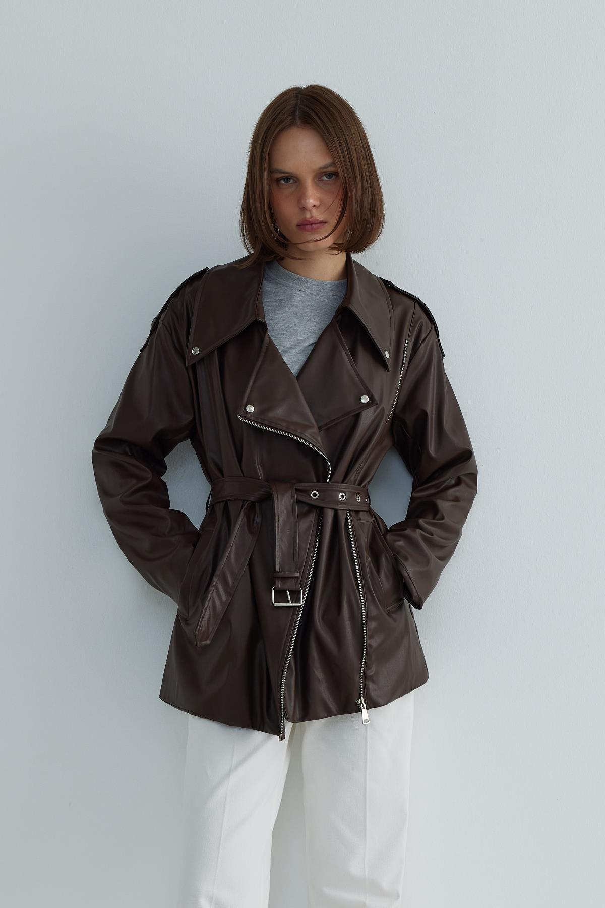 Faux Leather Biker Trench Coat