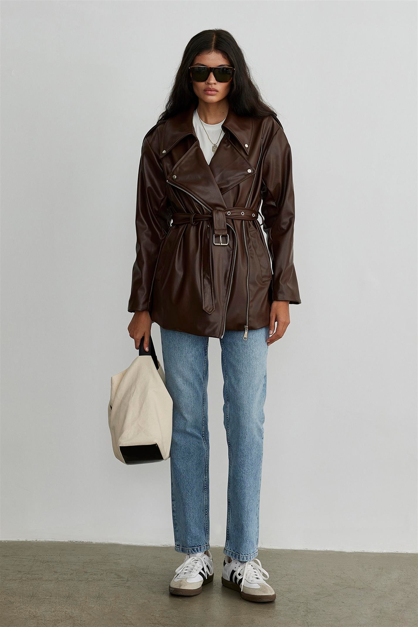 Brown Leather Biker Trench Coat