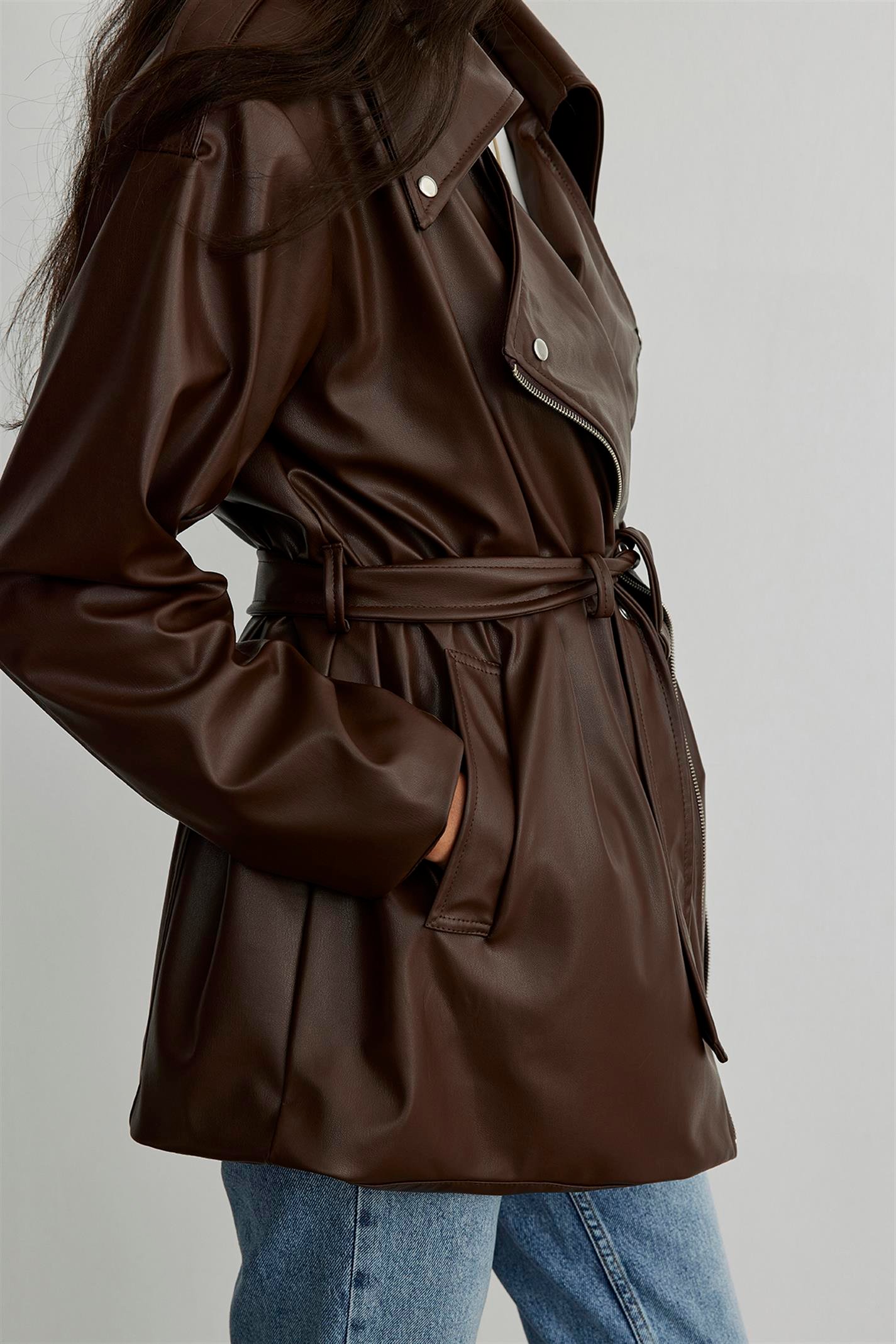 Brown Leather Biker Trench Coat