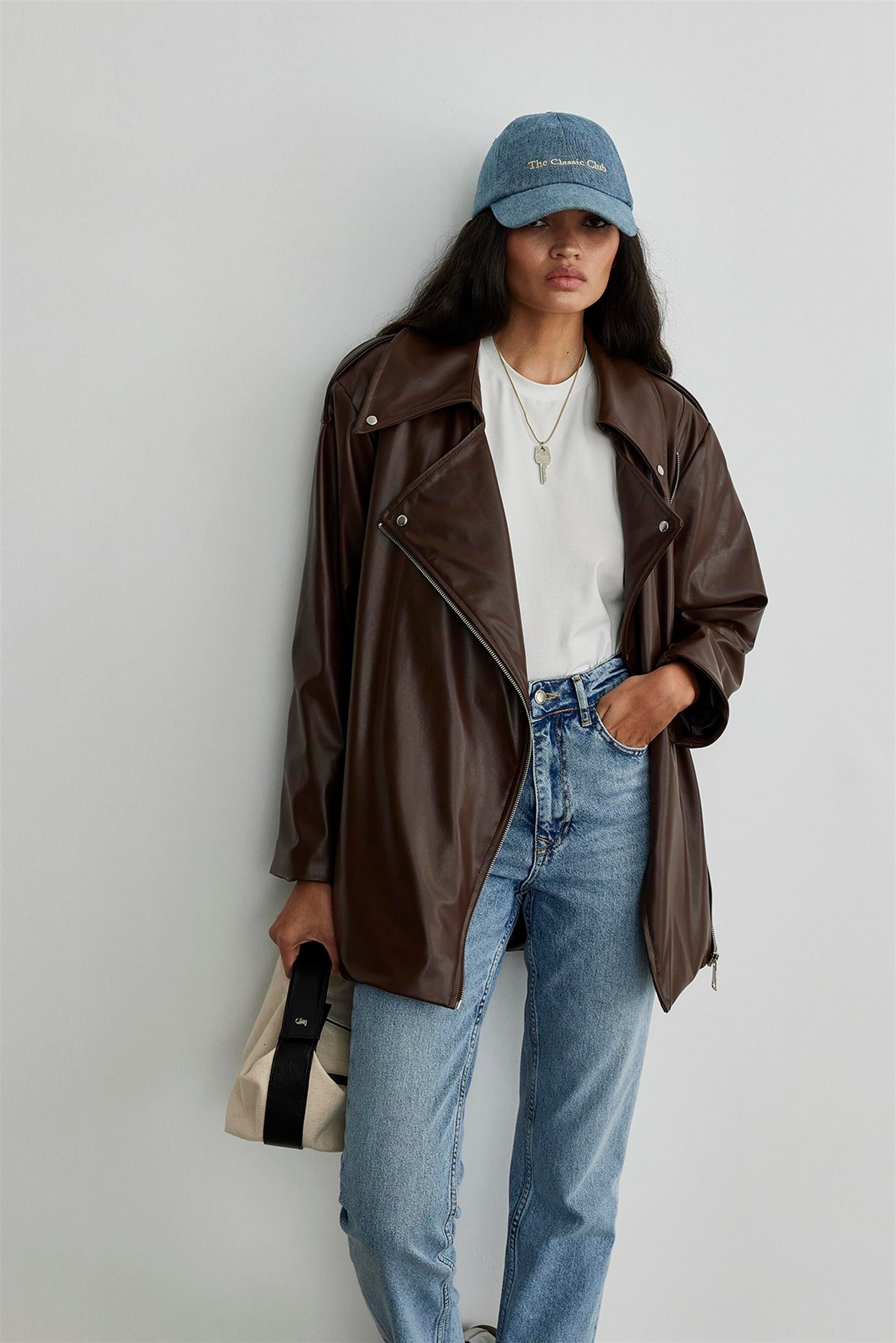 Brown Leather Biker Trench Coat