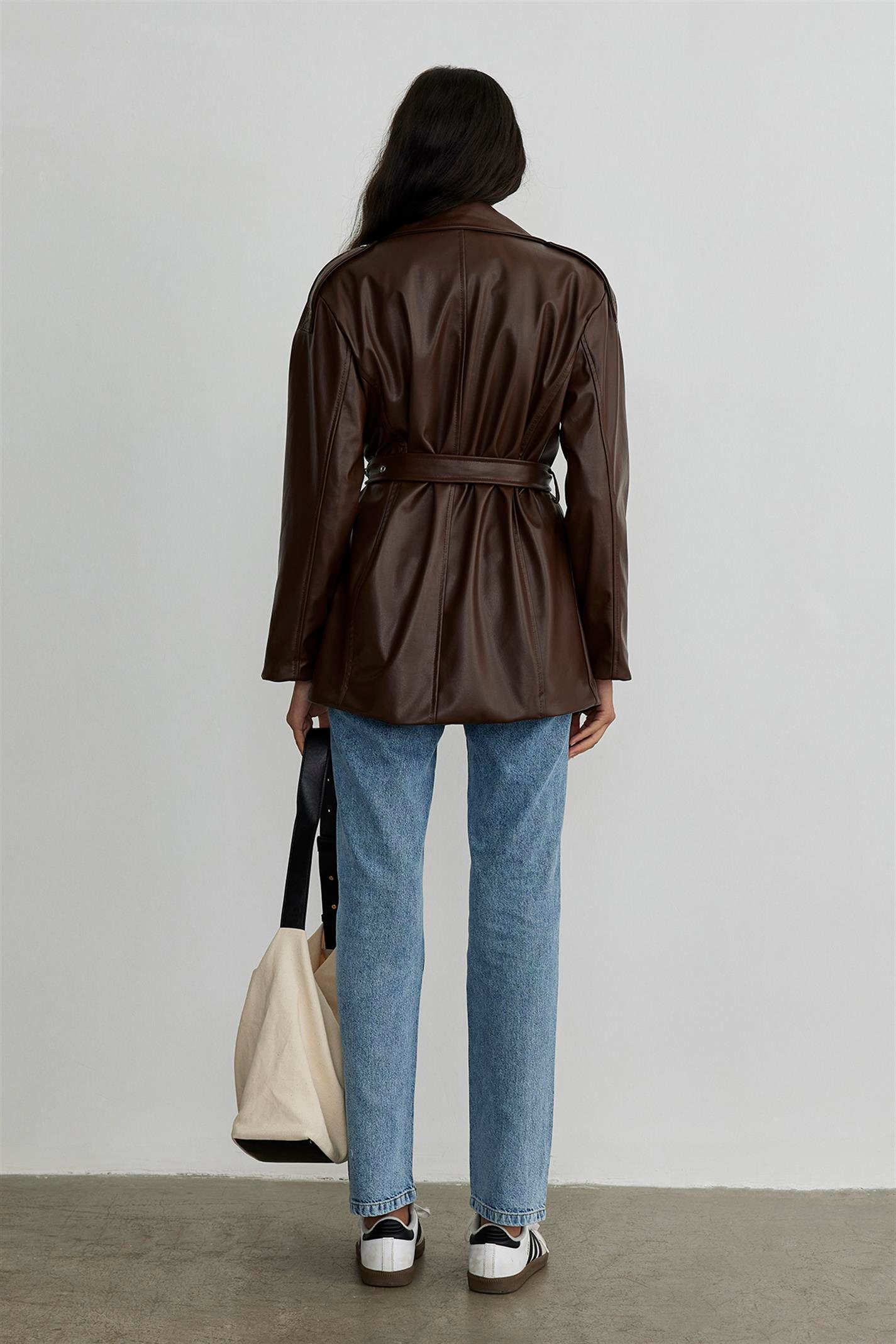 Brown Leather Biker Trench Coat