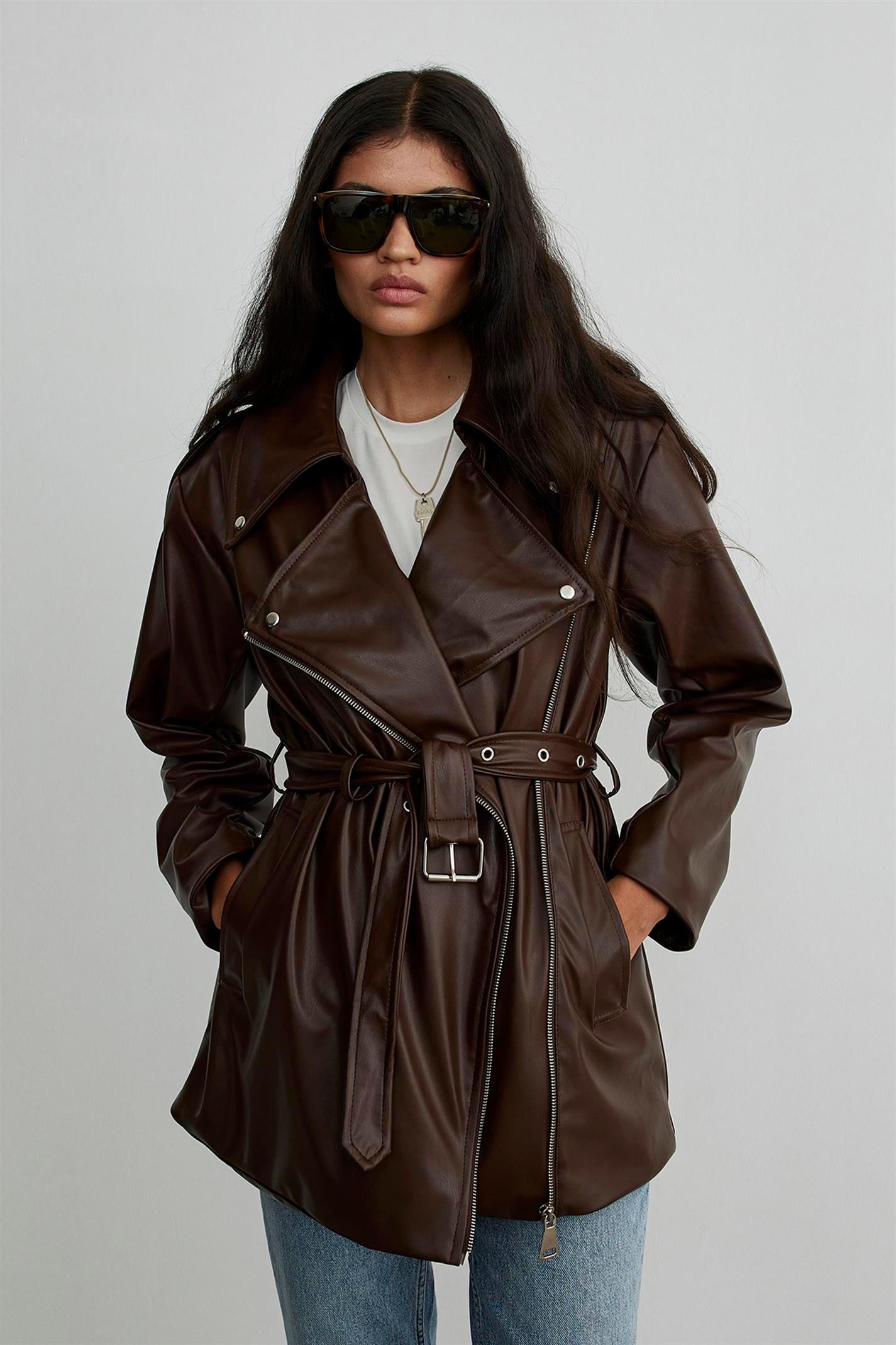 Brown Leather Biker Trench Coat