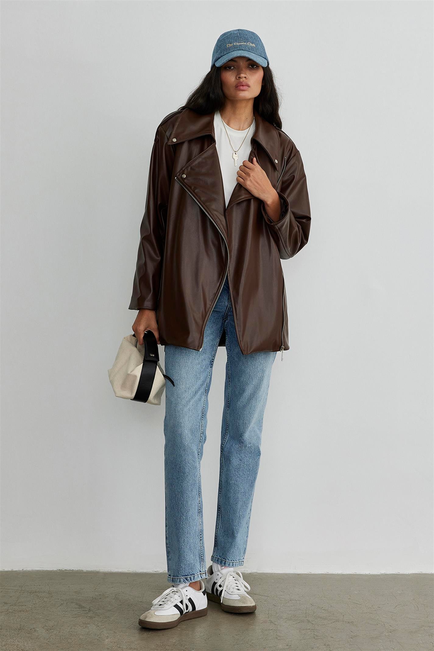 Brown Leather Biker Trench Coat