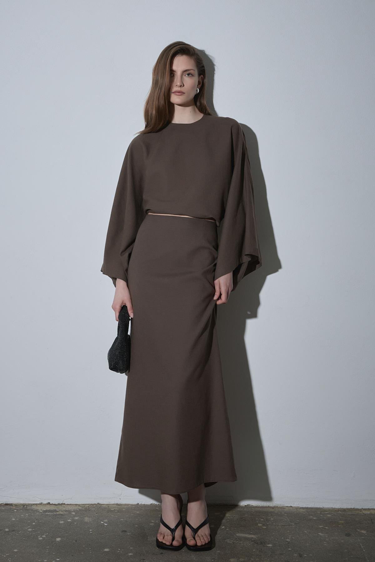 Kahverengi Jaylen Düz Kesim Keten Etek