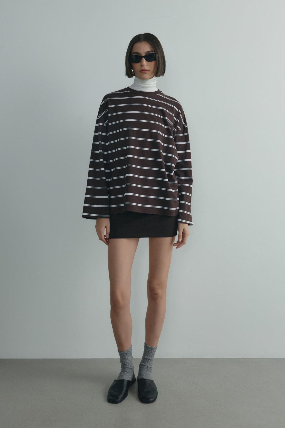 Kahverengi Lizzy Çizgili Tişört