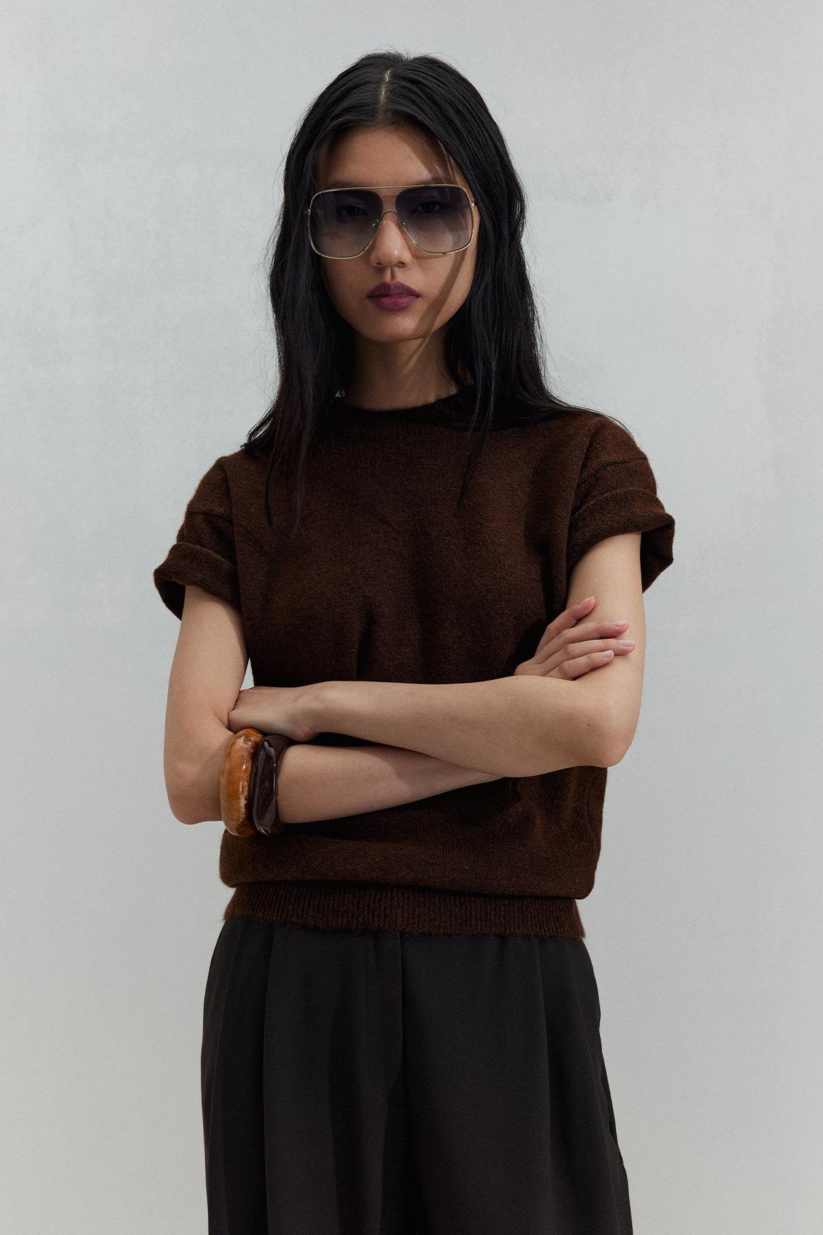 Kahverengi Robe Kısa Kollu Kazak