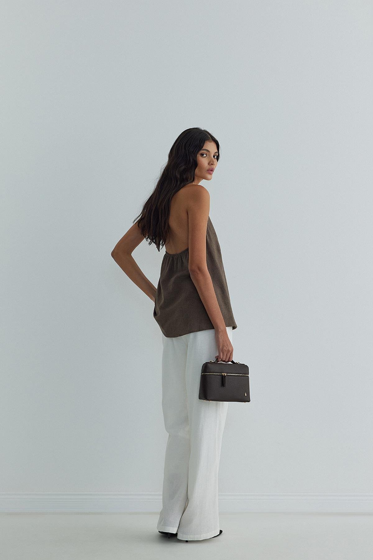 Kahverengi Serena Bağlamalı Keten Yelek Bluz