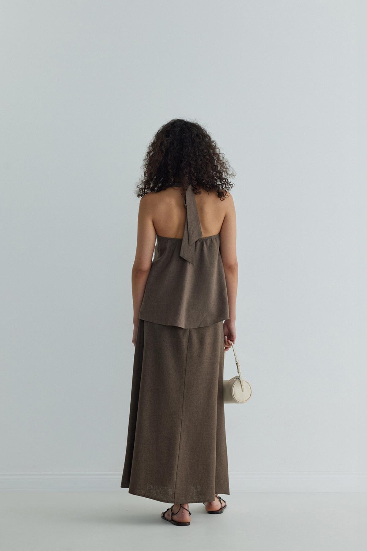 Kahverengi Serena Bağlamalı Keten Yelek Bluz