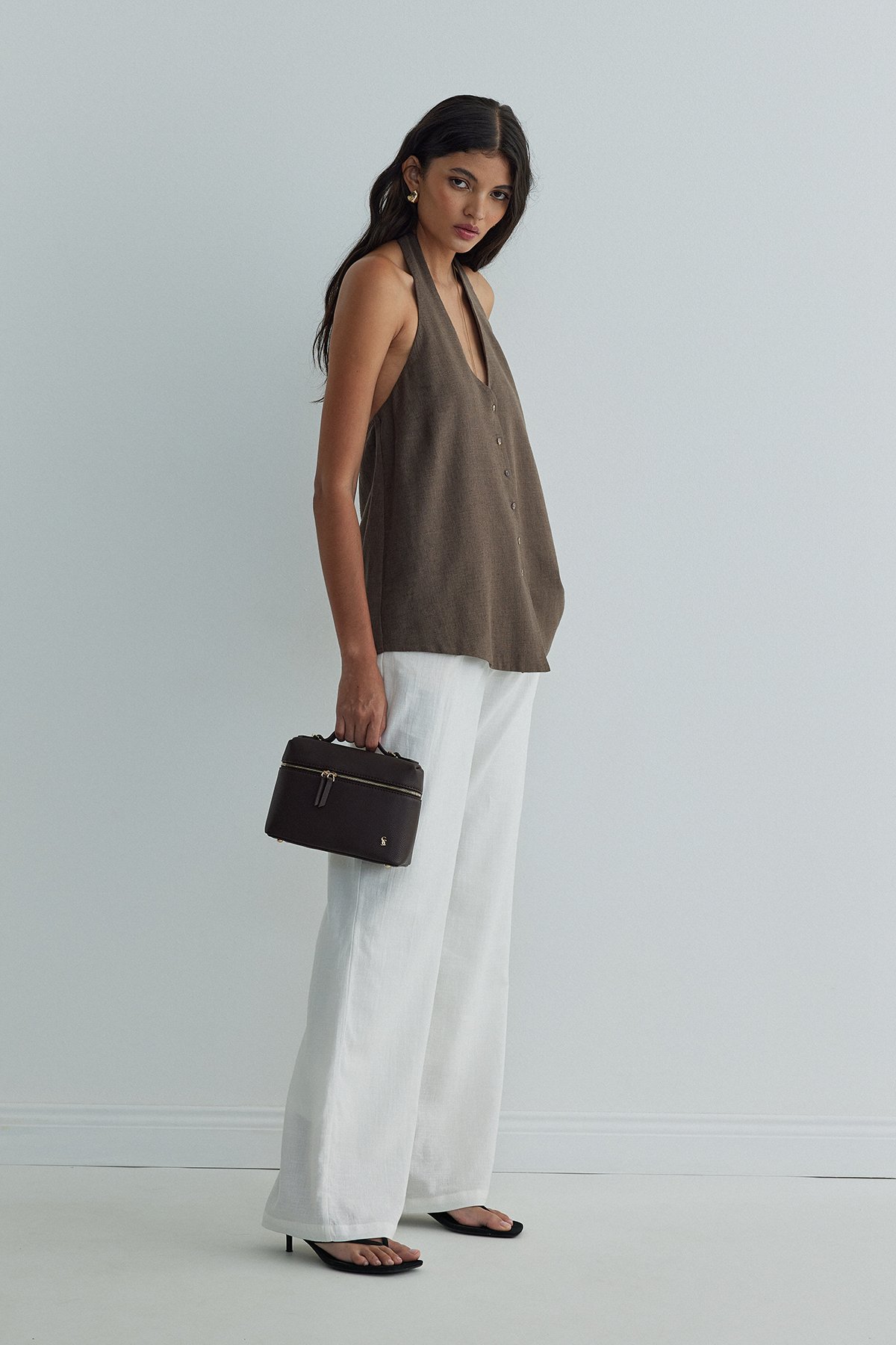 Kahverengi Serena Bağlamalı Keten Yelek Bluz