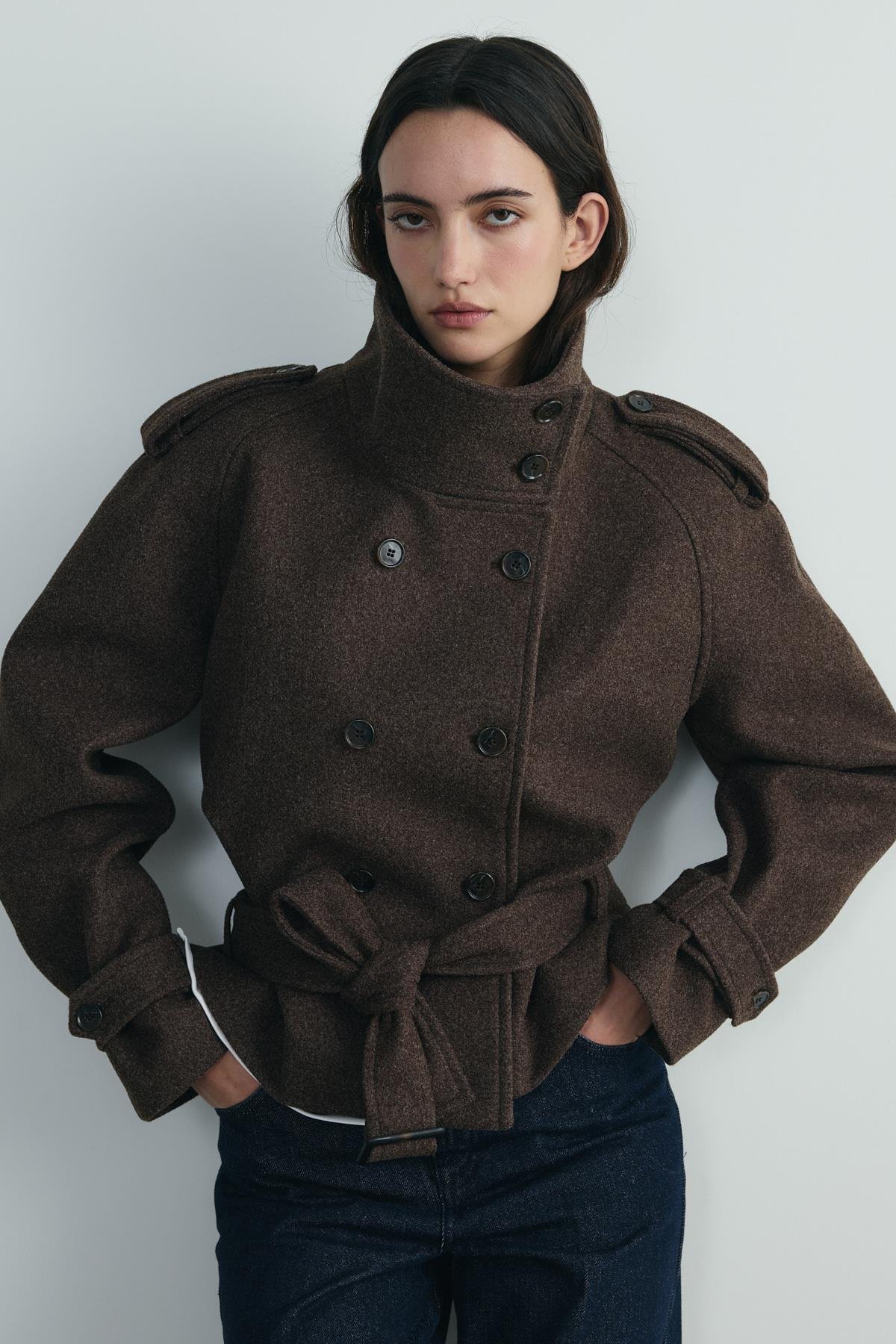 Kahverengi Urban Dik Yaka Kısa Kaşe Ceket