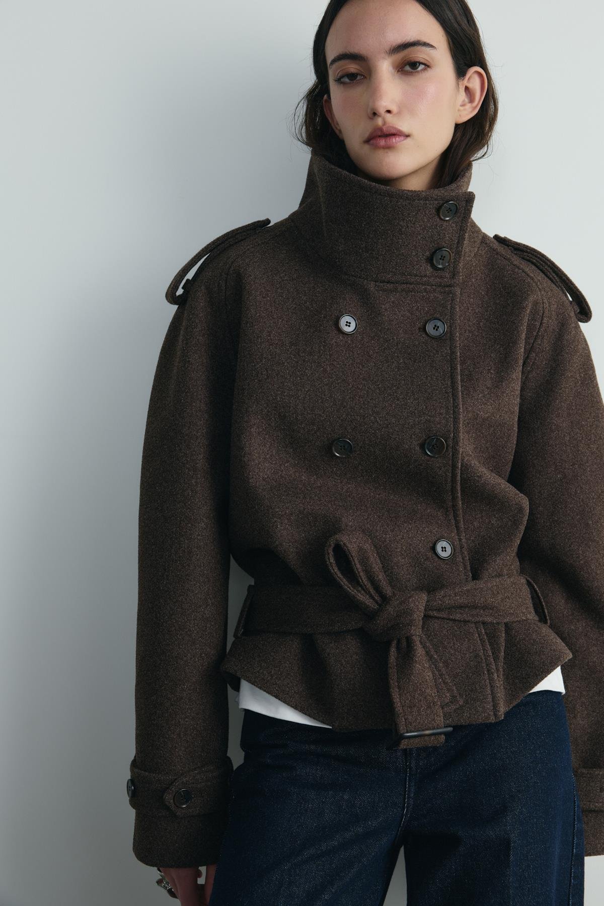 Kahverengi Urban Dik Yaka Kısa Kaşe Ceket