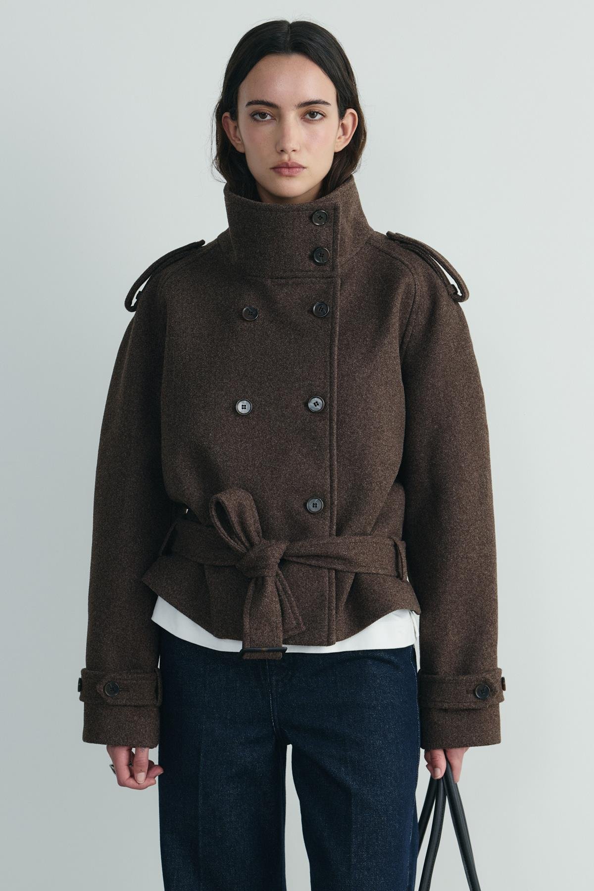 Kahverengi Urban Dik Yaka Kısa Kaşe Ceket