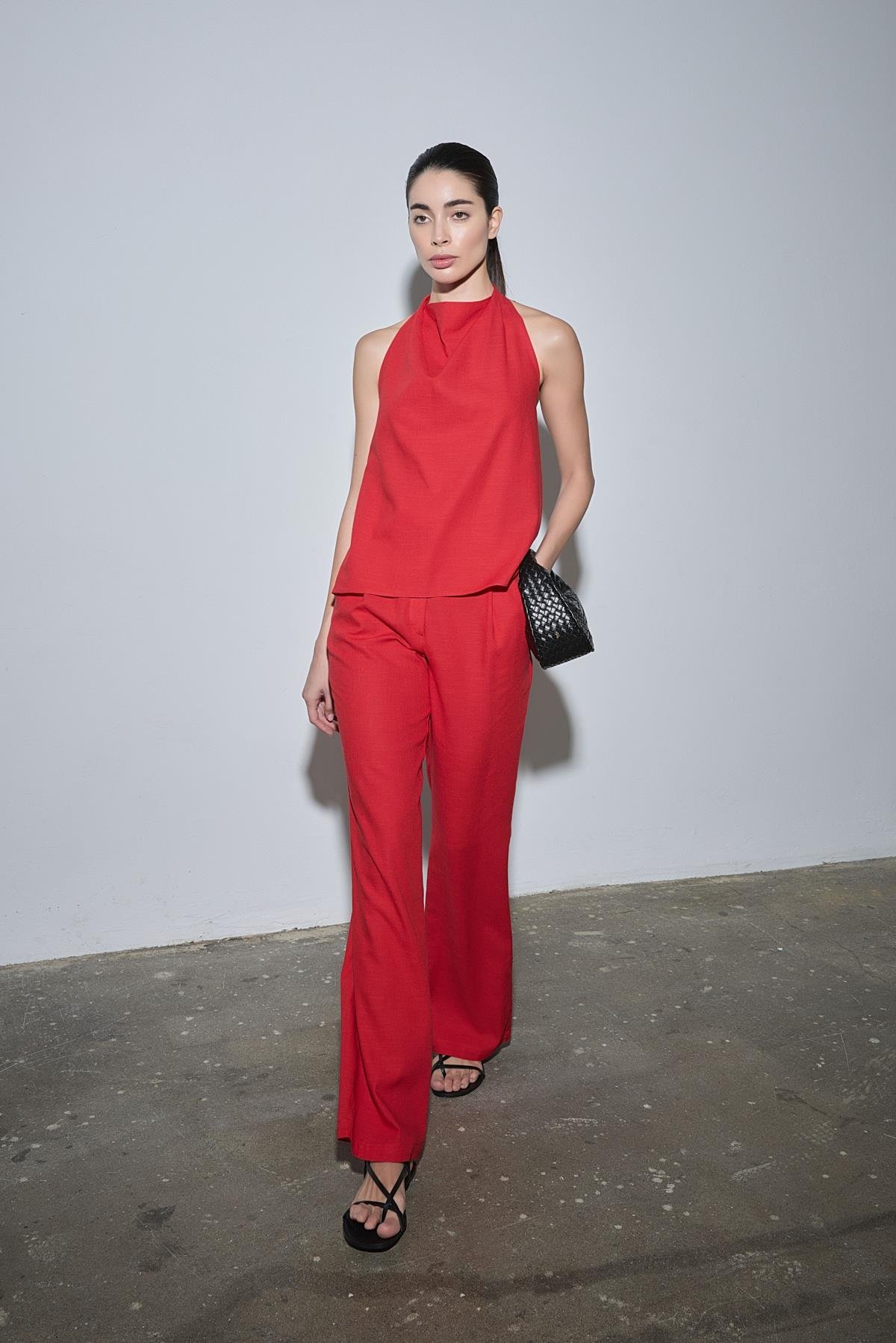 Kırmızı Gabriel Halter Yaka Keten Bluz