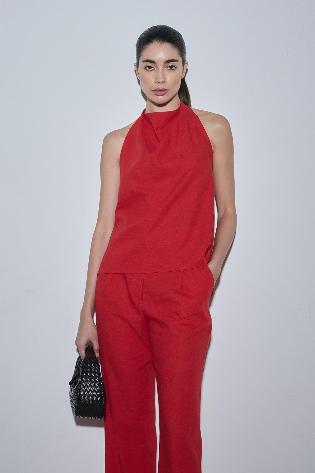 Kırmızı Gabriel Halter Yaka Keten Bluz