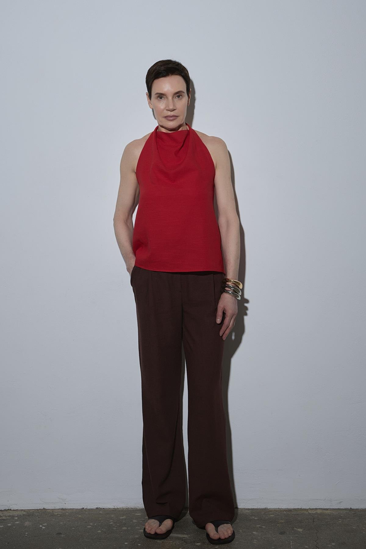 Kırmızı Gabriel Halter Yaka Keten Bluz