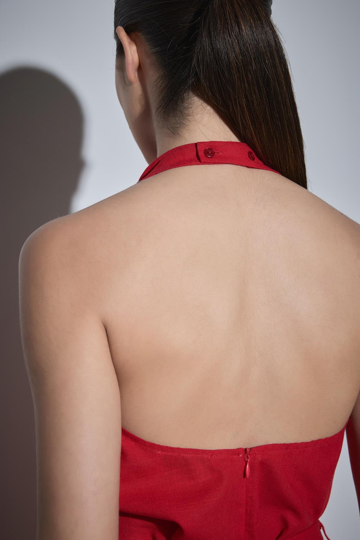 Kırmızı Gabriel Halter Yaka Keten Bluz