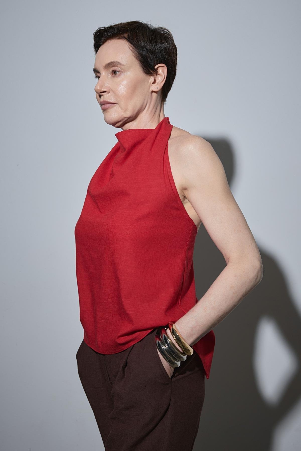 Kırmızı Gabriel Halter Yaka Keten Bluz