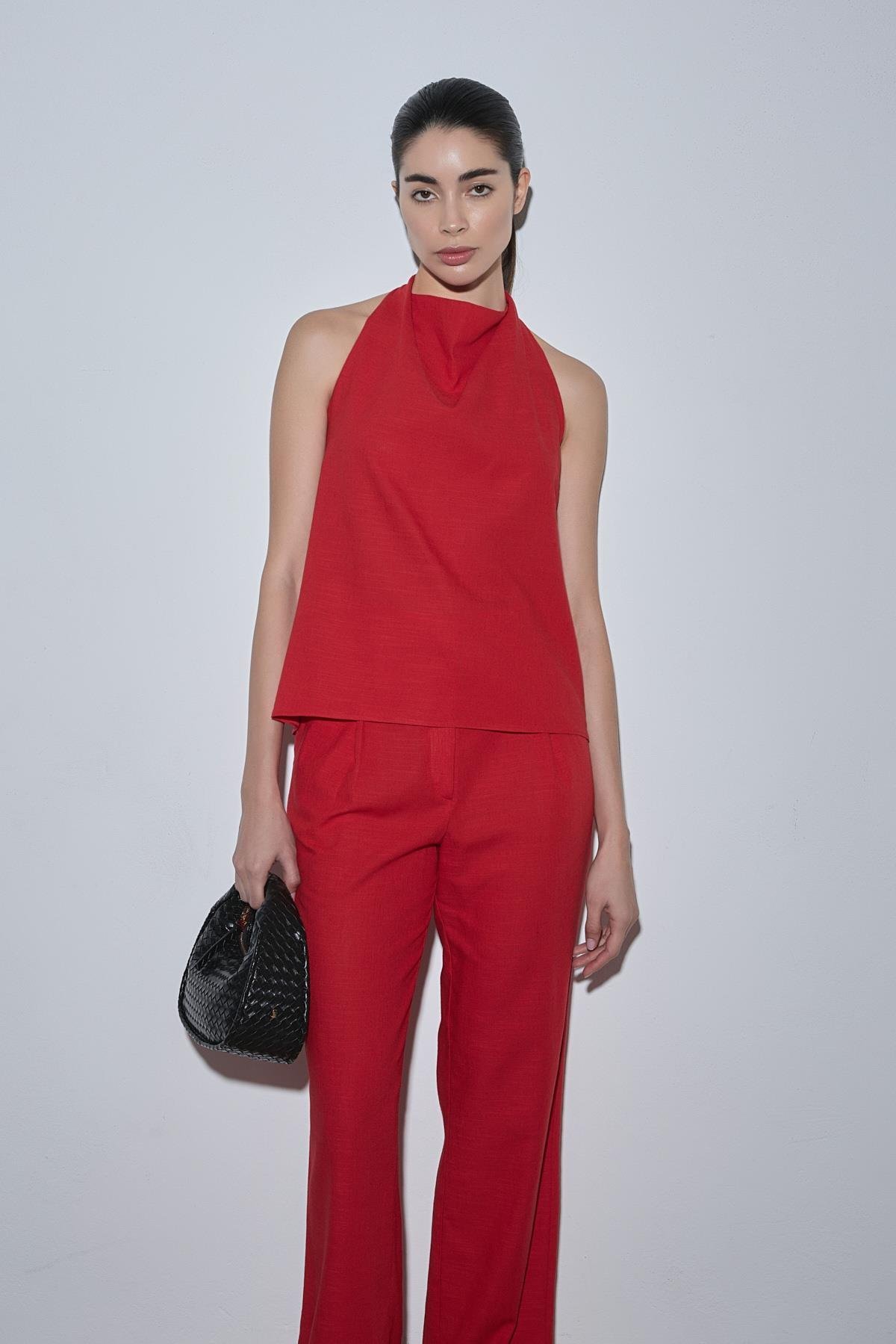 Kırmızı Gabriel Tek Pileli Keten Pantolon