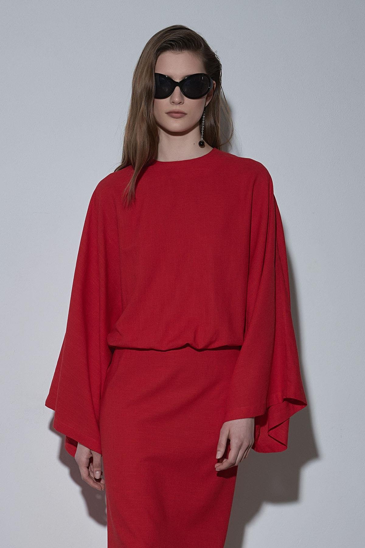 Kırmızı Jaylen Yarasa Kol Keten Bluz