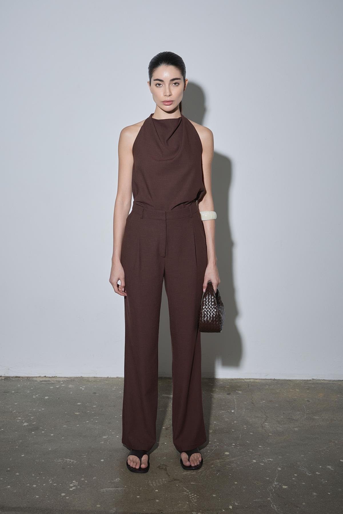 Koyu Kahve Gabriel Tek Pileli Keten Pantolon