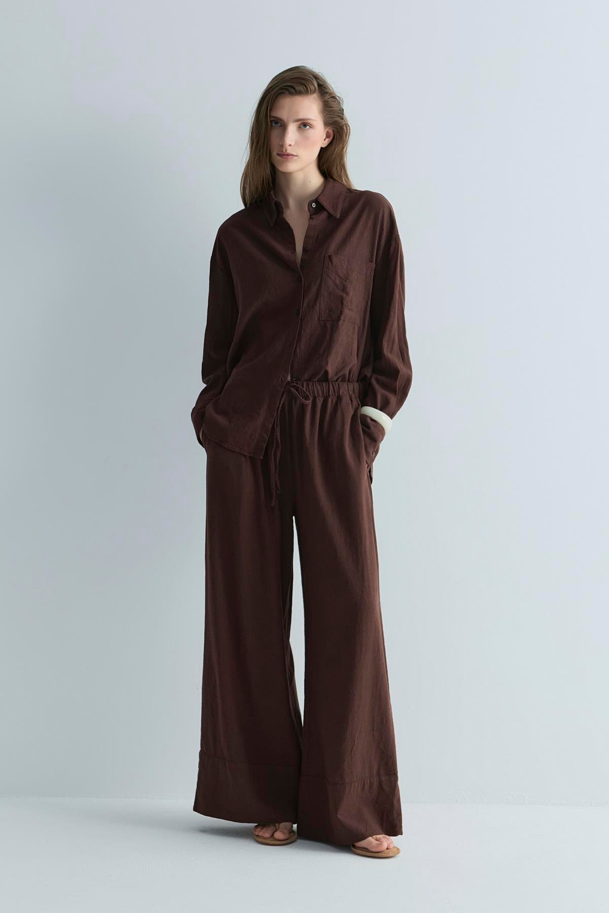 Koyu Kahve Serin Oversize Keten Gömlek