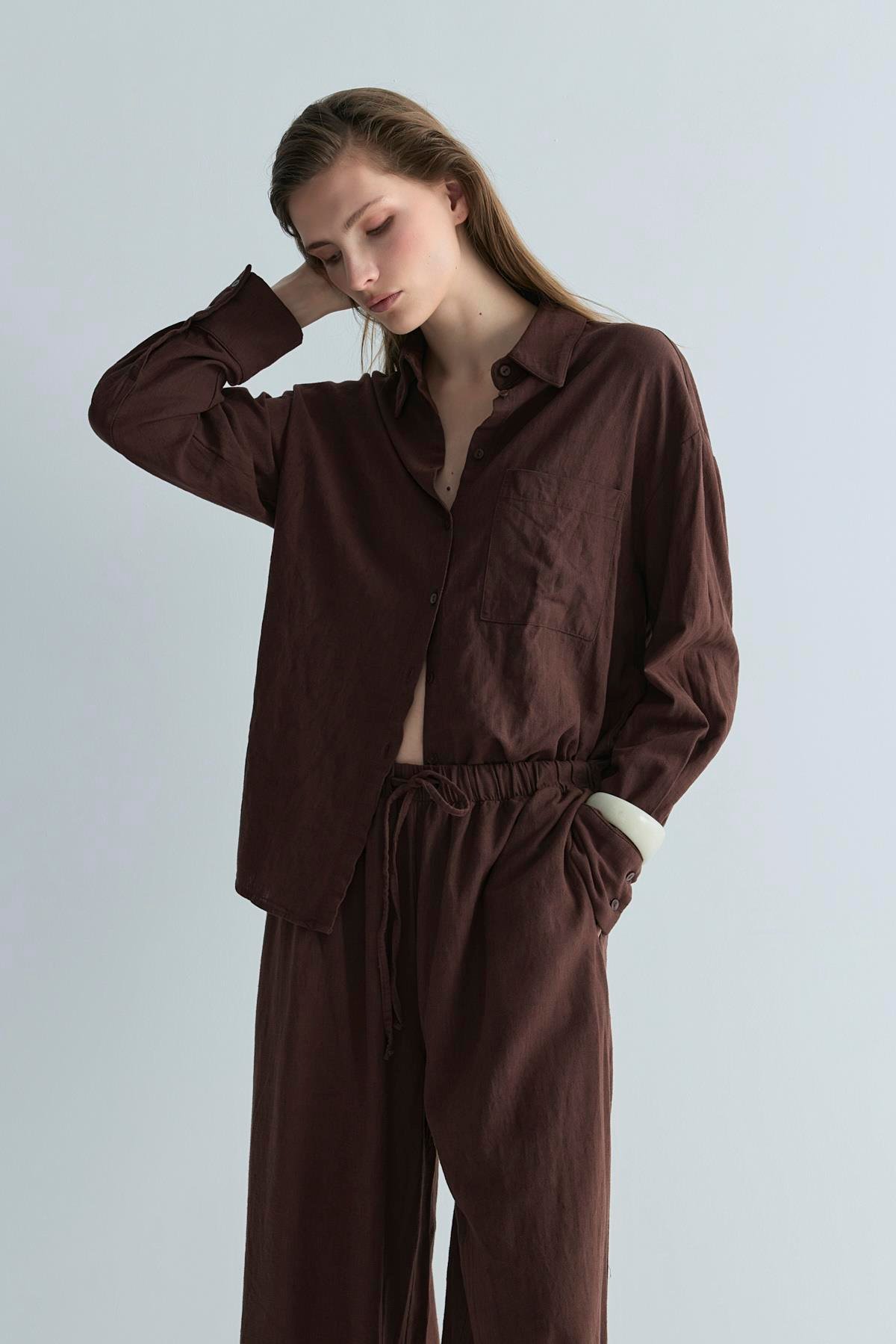 Koyu Kahve Serin Oversize Keten Gömlek