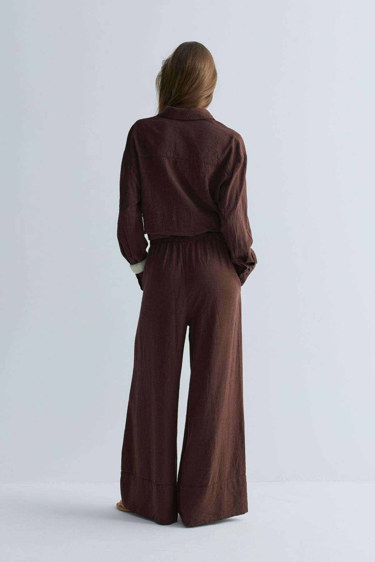 Koyu Kahve Serin Palazzo Keten Pantolon