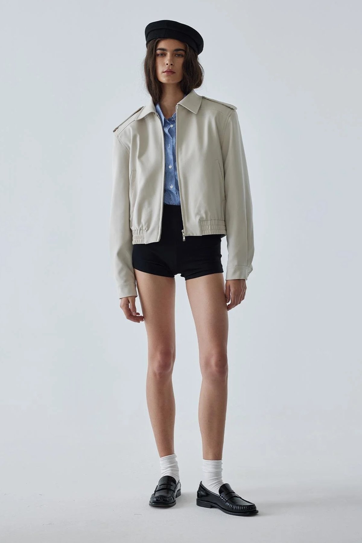 Krem Cooper Crop Bomber Ceket