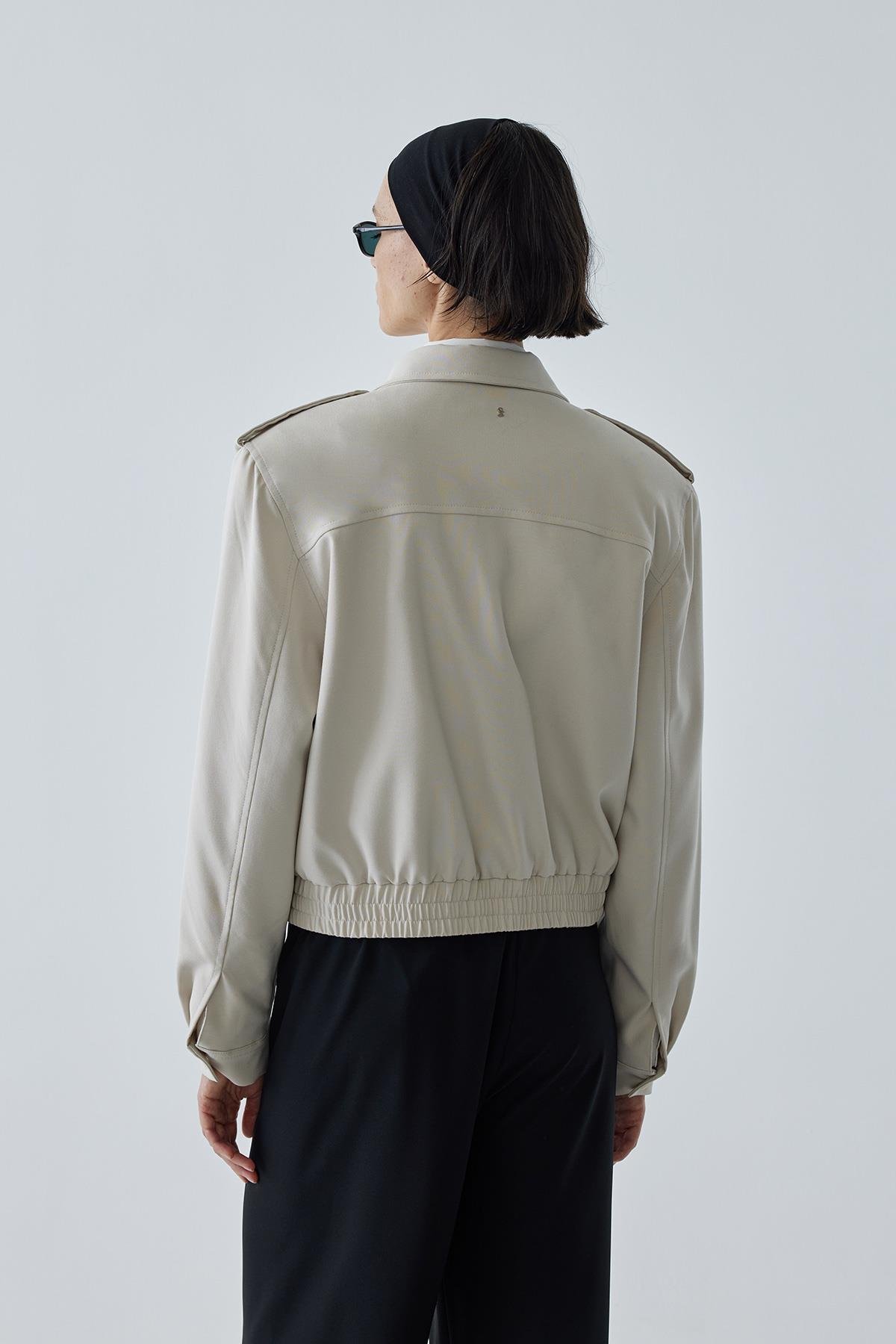 Krem Cooper Crop Bomber Ceket