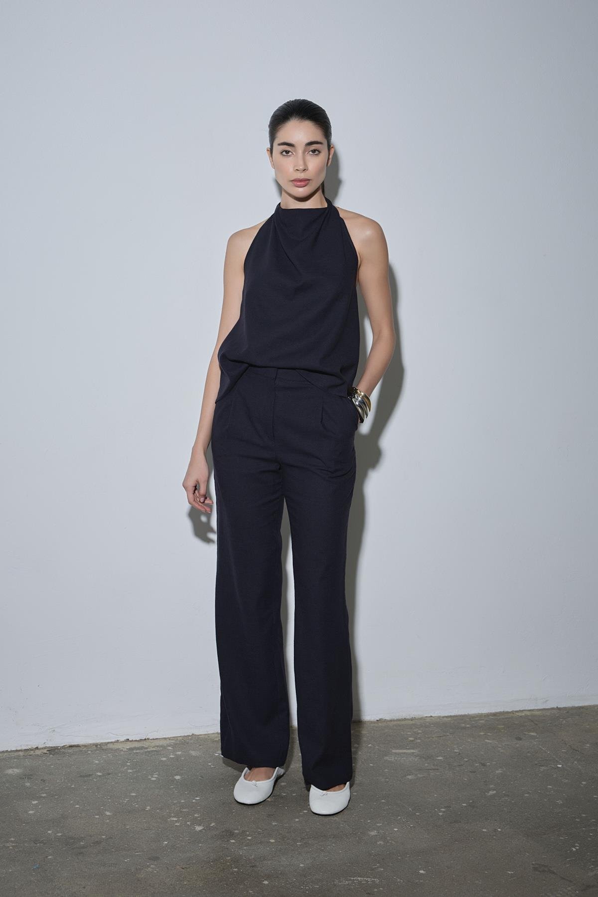 Lacivert Gabriel Tek Pileli Keten Pantolon